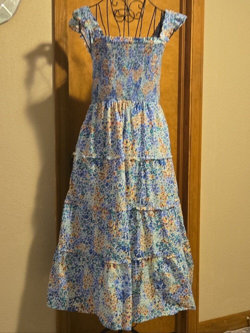 J. Crew Blue Floral Smocked Tiered Midi Dress